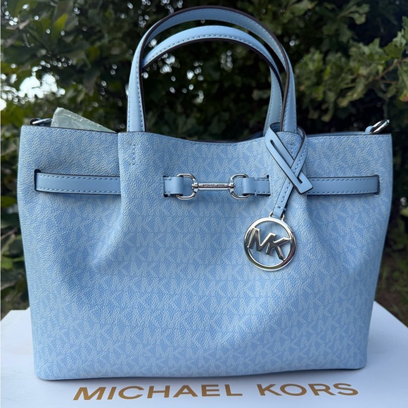 Michael Kors Carson Medium Satchel Shoulder Crossbody Bag Light Sky - Picture 1 of 12